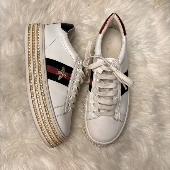 Gucci Women’s White Leather Rhinestone Platform Sneakers Size 39 US 9 - Picture 1 of 11